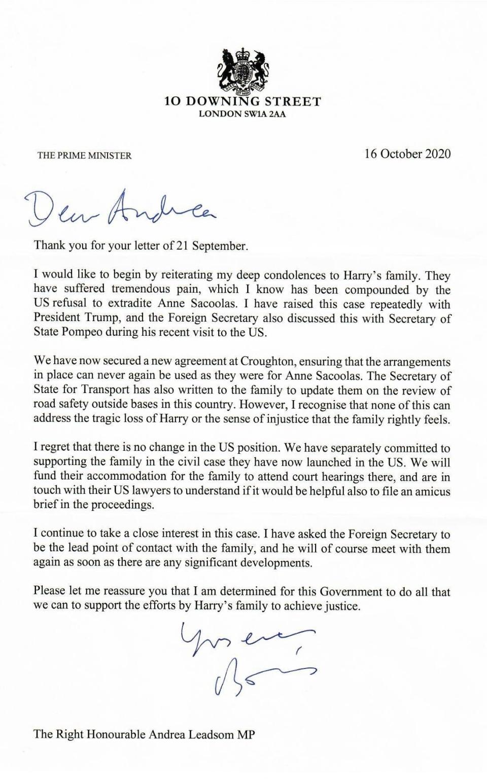 The Prime Minister wrote to the Dunn family's local MP - PA