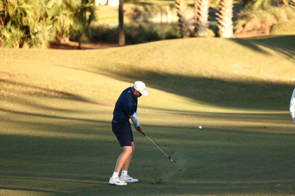 Ian Gilligan of the University of Florida chips onto a green at the TPC Sawgrass Dye's Valley Course on Monday in the second round of the Sea Best Invitational. Gilligan has a two-shot lead over teammate Tyler Wilkes and University of North Florida's Nick Gabrelcik.