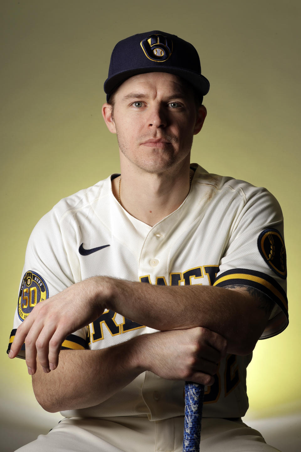 Milwaukee Brewers infielder Brock Holt poses for a portrait during spring training baseball photo day Wednesday, Feb. 19, 2020, in Phoenix. Holt and the Brewers finalized a one-year contract Wednesday, a deal that includes a team option for 2021. (AP Photo/Gregory Bull)