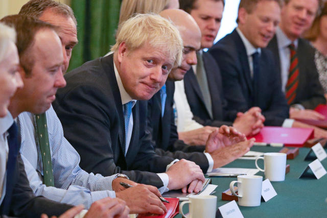 LONDON, ENGLAND - JULY 25: Prime Minister Boris Johnson presides over his first Cabinet meeting at 10 Downing Street on July 25, 2019 in London, England. Britain's New Prime Minister, Boris Johnson, appointed his Cabinet yesterday evening with 17 of Theresa May's Ministers replaced. The number of Leave supporting Ministers doubled from six to 12 and 31 Ministers are now entitled to attend Cabinet. (Photo by Aaron Chown - WPA Pool/Getty Images)