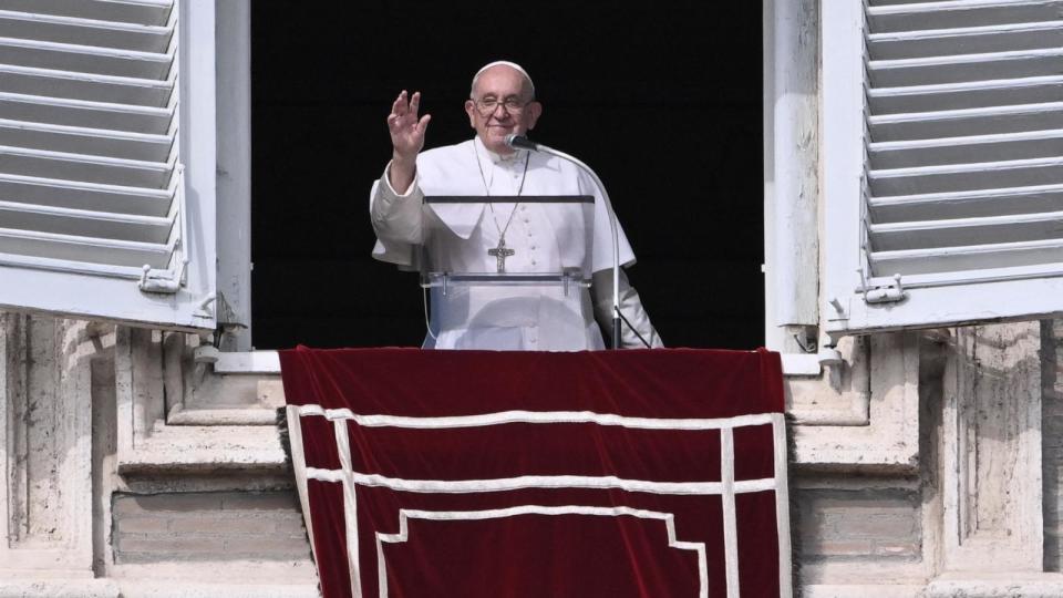 PHOTO: Pope Francis waves from the window of the apostolic palace overlooking St. Peter's square during the weekly Angelus prayer, Oct. 29, 2023, in The Vatican.  (Tiziana Fabi/AFP via Getty Images, FILE)