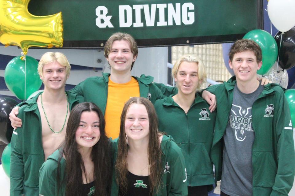 Aurora's swim/dive team seniors are, from left, Nate New, Annabelle Zamary, Max Bailey, Alayna Brooker, Jacob Barry and Porter Aardema.