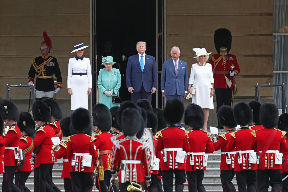 US President Donald Trump and his wife Melania are welcomed by Queen Elizabeth II, The Prince of Wales and The Duchess of Cornwall during the Ceremonial Welcome at Buckingham Palace, London, on day one of his three day state visit to the UK. (Photo by Yui Mok/PA Images via Getty Images)