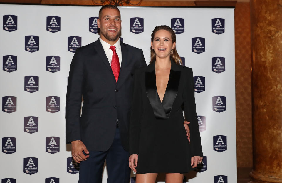 Lance Franklin and wife Jesinta, pictured here at the AFL All Australian team announcement in 2017.