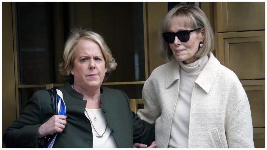 Former advice columnist E. Jean Carroll, right, leaves federal court with her lawyer Roberta Kaplan, Thursday, April 27, 2023, in New York. Donald Trump's lawyer sought Thursday to pick apart a decades-old rape claim against the former president, questioning why accuser E. Jean Carroll did not scream or seek help when Trump allegedly attacked her in a department store.(AP Photo/Bebeto Matthews)