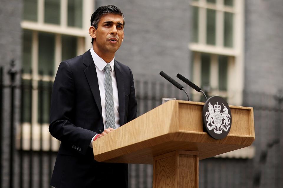 British Prime Minister Rishi Sunak makes a statement after taking office outside Number 10 in Downing Street