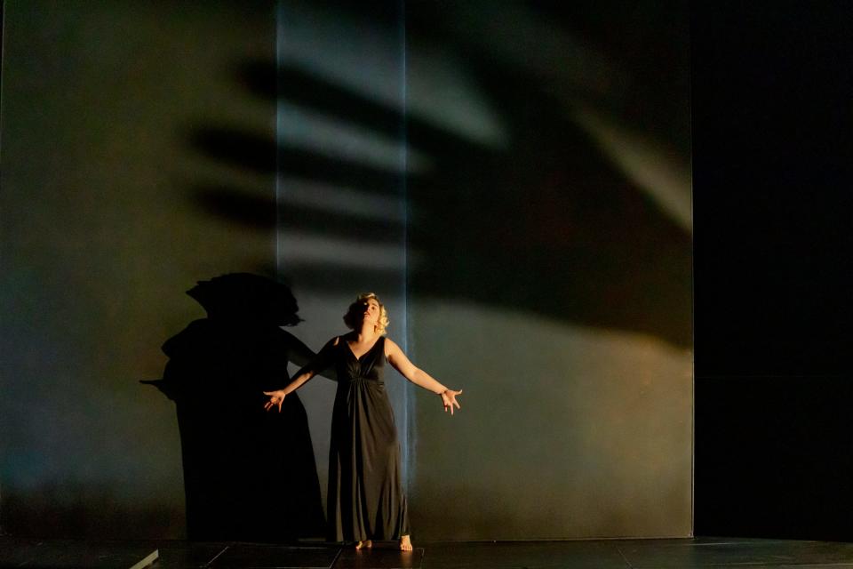 Pablo Santiago’s lighting Yu Shibagaki’s set are ever-present dramatic influences in “Dracula,” as you can see in this image of Mia Hutchinson-Shaw, as Lucy.