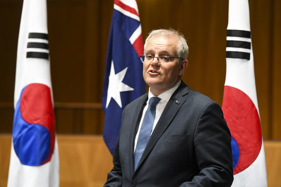 Australian Prime Minister Scott Morrison speaks to the media during a press conference at Parliament House, Canberra, Monday, December 13, 2021. 