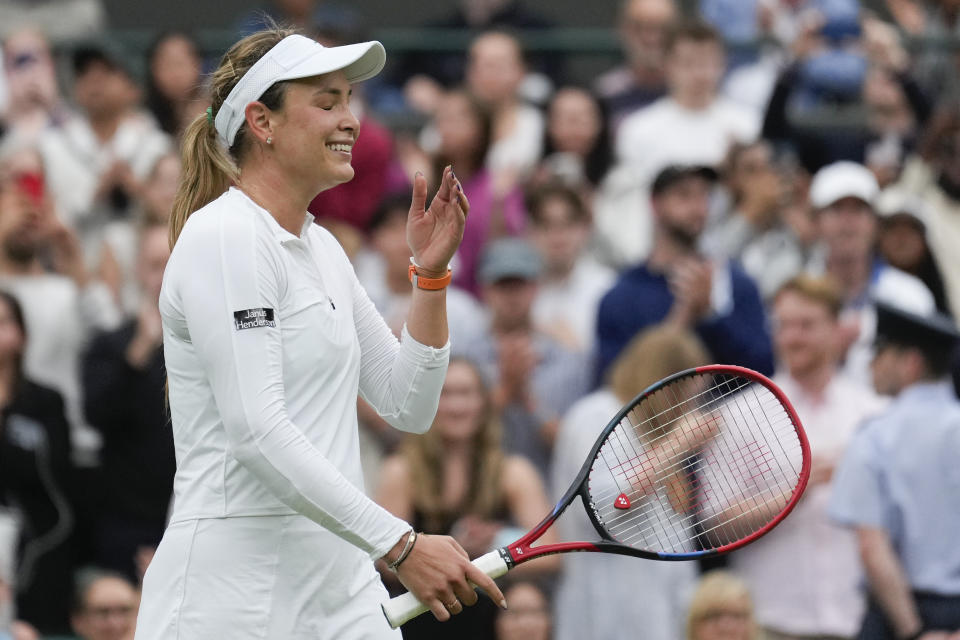 Donna Vekic of Croatia reacts after defeating Lulu Sun of New Zealand in their quarterfinal match at the Wimbledon tennis championships in London, Tuesday, July 9, 2024. (AP Photo/Mosa'ab Elshamy)