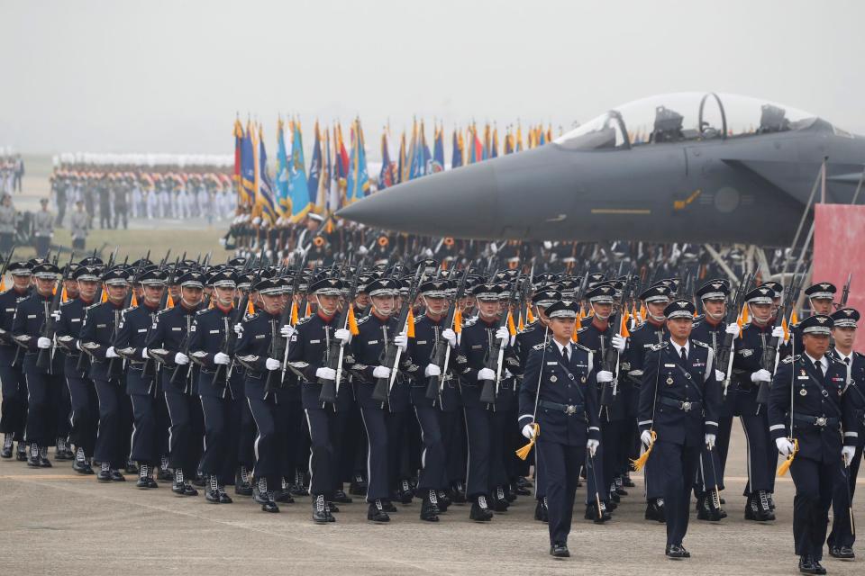 South Korean Army soldiers participate in a ceremony to mark the 71st anniversary of Armed Forces Day at the Air Force Base in Daegu, South Korea in October 2019.