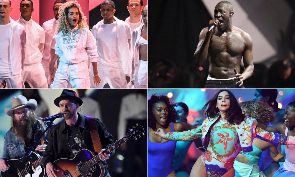 Live at the Brits … clockwise from top left, Rita Ora, Stormzy, Dua Lipa and Justin Timberlake.