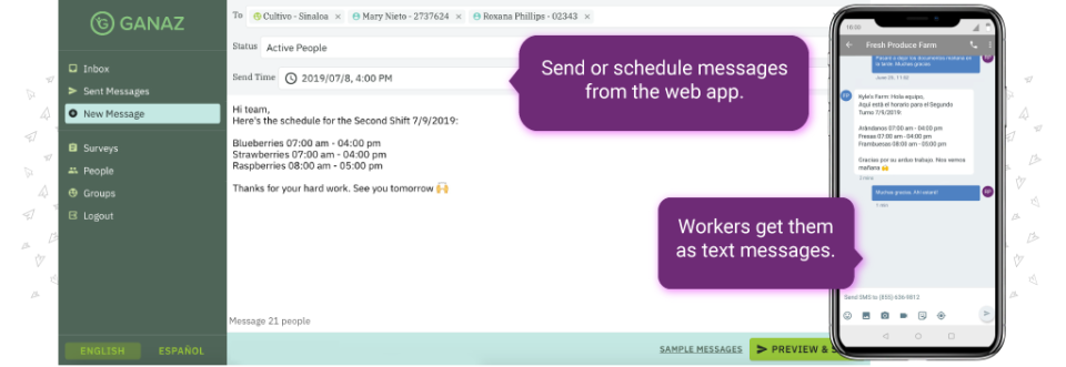 Diagram showing how employers can send texts to many workers at once.