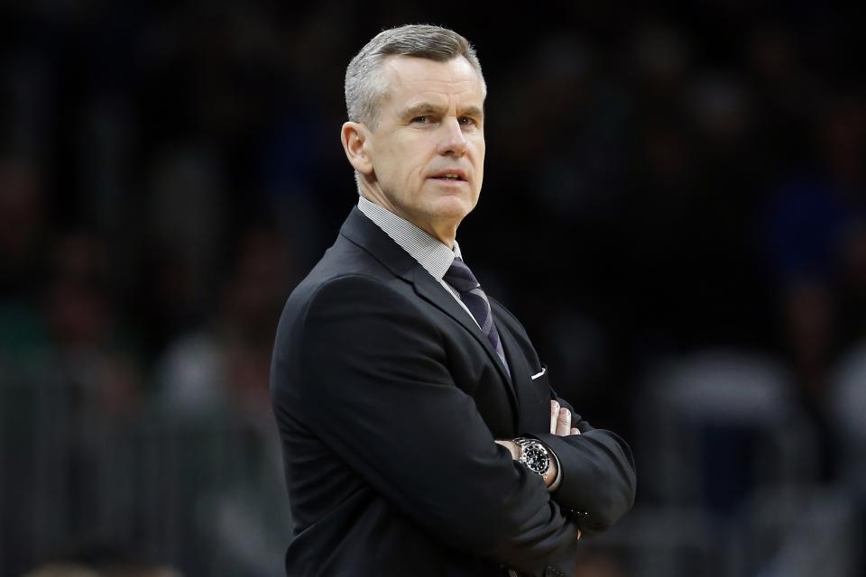 Oklahoma City Thunder head coach Billy Donovan during the second half of an NBA basketball game, Sunday, March, 8, 2020, in Boston. (AP Photo/Michael Dwyer)