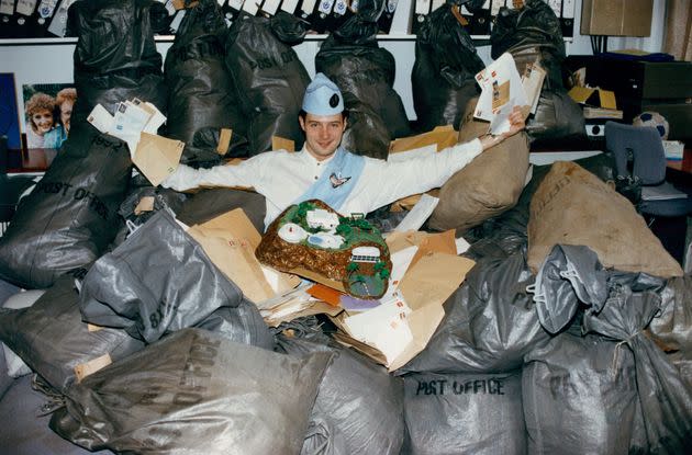 Blue Peter presenter John Leslie with the Tracy Island model and bags of letters requesting the instructions how to make it