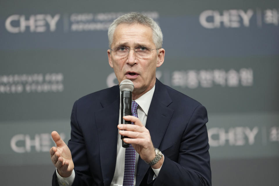 NATO Secretary-General Jens Stoltenberg speaks at the CHEY Institute in Seoul, South Korea, Monday, Jan. 30, 2023. (AP Photo/Lee Jin-man)