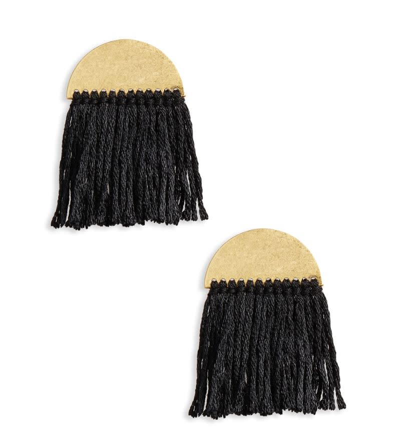 <strong>Sale</strong>: $21.90<br /><strong>Original</strong>:&nbsp;$34.00<br /><br /><a href="https://shop.nordstrom.com/s/madewell-halfmoon-fringe-earrings/4737410?origin=category-personalizedsort&amp;breadcrumb=Home%2FBrands%2FMadewell&amp;color=true%20black" target="_blank">Get it here</a>.