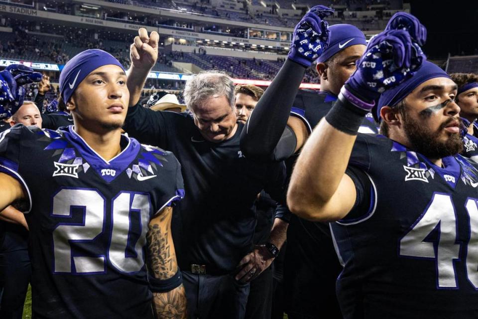 TCU players and Head Coach Sonny Dykes join the crowd in a post game ceremony after losing a Big XII conference game against the West Virginia Mountaineers at Amon G. Carter Stadium in Fort Worth on Saturday, Sept. 30, 2023. The Horned Frogs lost 24-21. Chris Torres/ctorres@star-telegram.com