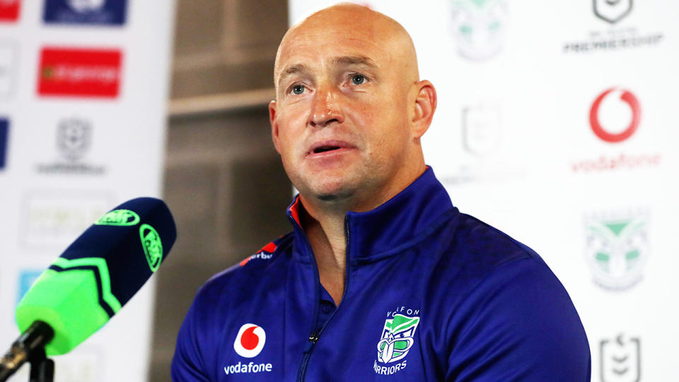 Nathan Brown, pictured here speaking to the media after the Warriors' loss to the Dragons.