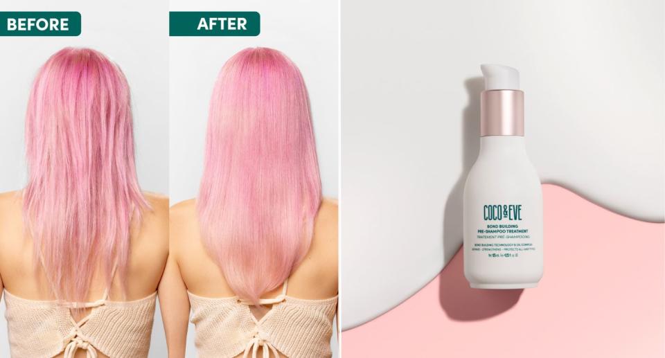 Pink haired model shows hair before and after using Coco&Eve Bond Building Pre-Shampoo Treatment