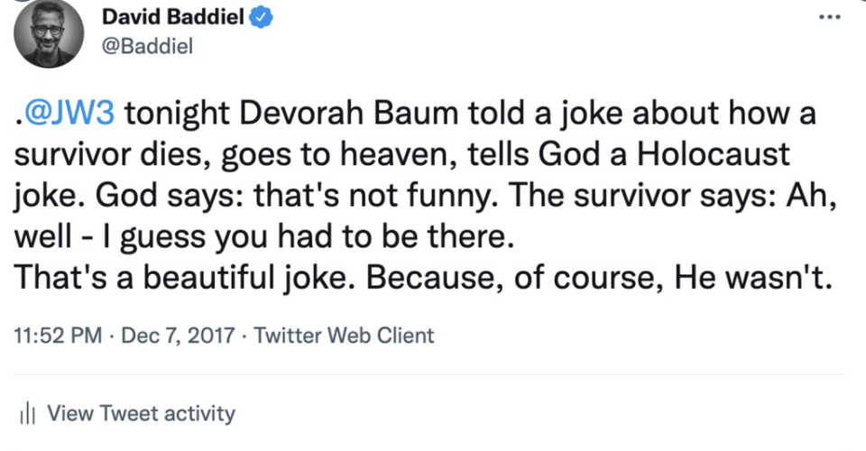 David Baddiel shared what he believes to be an acceptable joke about the Holocaust (Twitter)