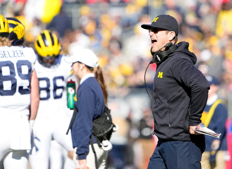 Nov 26, 2022; Columbus, OH, USA; Michigan Wolverines head coach Jim Harbaugh yells at his team against Ohio State Buckeyes in the first quarter of their game at Ohio Stadium. 