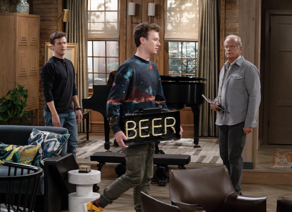 From left: Jack Cutmore-Scott as Freddy Crane, Anders Keith as David and Kelsey Grammer as Frasier Crane