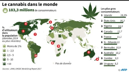 Carte du monde et consommation de cannabis par pays en % de la population et les 10 pays les plus consommateurs