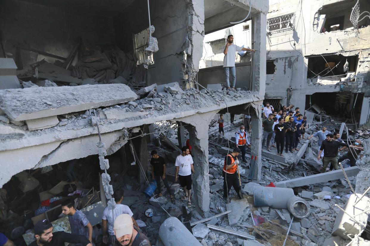 The wreckage of a building after an Israeli airstrike (Copyright 2023 The Associated Press. All rights reserved.)