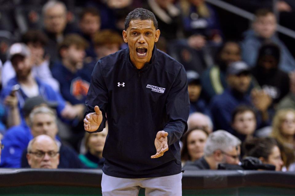 NEWARK, NEW JERSEY - DECEMBER 12: Head coach King Rice of the Monmouth Hawks reacts to a play against the Seton Hall Pirates during the first half of a game at Prudential Center on December 12, 2023 in Newark, New Jersey. (Photo by Rich Schultz/Getty Images)