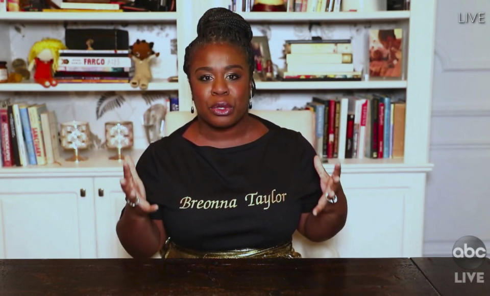 In this video grab captured on Sept. 20, 2020, courtesy of the Academy of Television Arts & Sciences and ABC Entertainment, Uzo Aduba accepts the award for outstanding supporting actress in a limited series or movie for "Mrs. America" during the 72nd Emmy Awards broadcast. (The Television Academy and ABC Entertainment via AP)