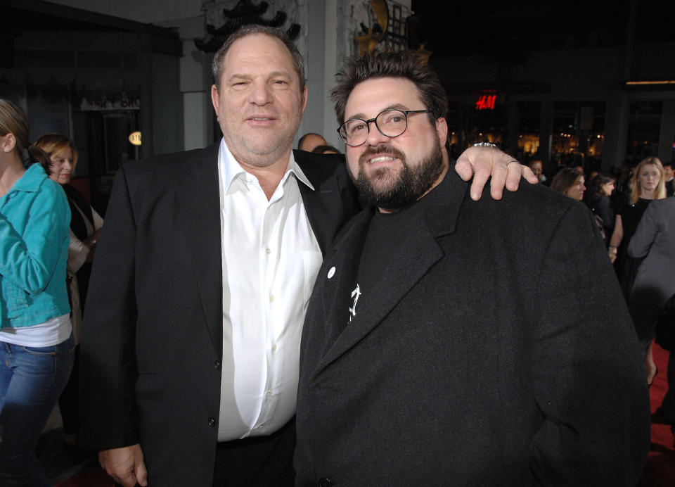 HOLLYWOOD - OCTOBER 20:  Producer Harvey Weinstein and writer/director Kevin Smith arrive to the Weinstein Co. premiere of "Zack & Miri Make A Porno" at Grauman's Chinese Theatre on October 20, 2008 in Hollywood, California.  (Photo by John Shearer/WireImage) 