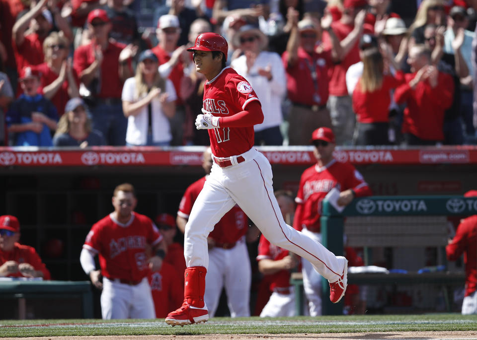 Los Angeles Angels&#39; rookie Shohei Ohtani rounds the bases after homering against Cleveland Indians ace Corey Kluber. (AP)