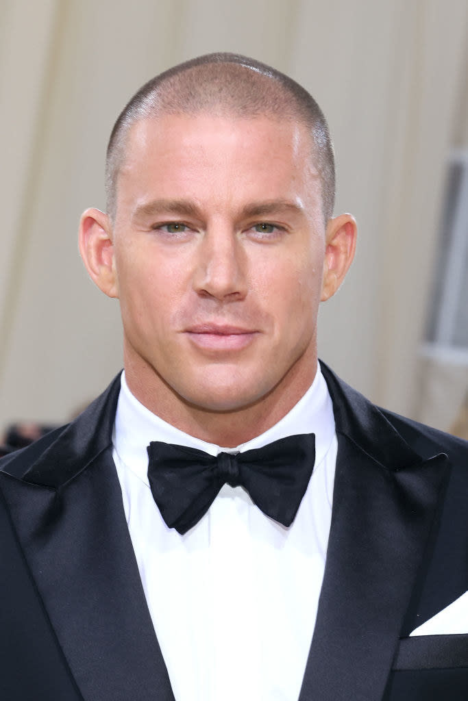 Tatum at the Met Gala ball in a tuxedo with a shaved head