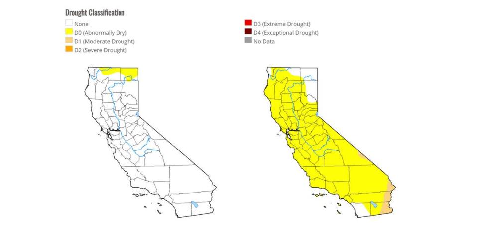 The map on the left shows U.S. Drought Monitor data from Dec. 10, revealing that only the further northern parts of the state are abnormally dry. The man on the right, from Nov. 26, shows most of the state suffering abnormally dry conditions.