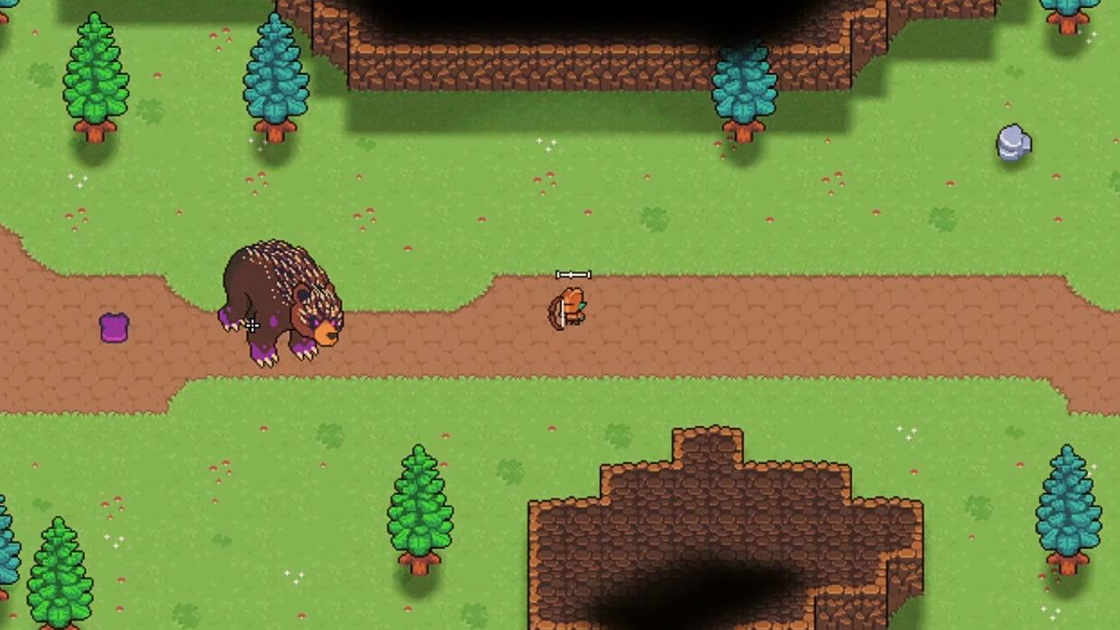  A goblin fights a bear in a cute pixel RPG 