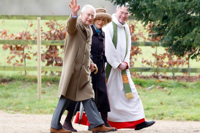 <p>Max Mumby/Indigo/Getty</p> King Charles and Queen Camilla, accompanied by the Reverend Canon Dr. Paul Williams, attend the Sunday service at St. Mary Magdalene on February 4.