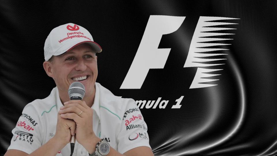 Michael Schumacher, German F1 driver for Mercedes, over F1 flag, partial flag 