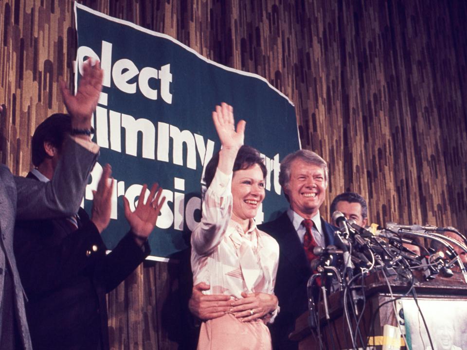 Jimmy Carter (center, right) and his wife, Rosalynn Carter, smile after his victory in the Pennsylvania Primary election, Philadelphia, Pennsylvania, April 27, 1976.