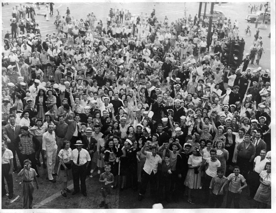 V-J Day is celebrated on Aug. 14, 1945, at Exchange Place in Providence.