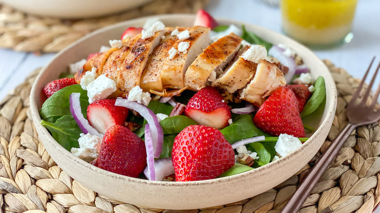 chicken strawberry salad in bowl