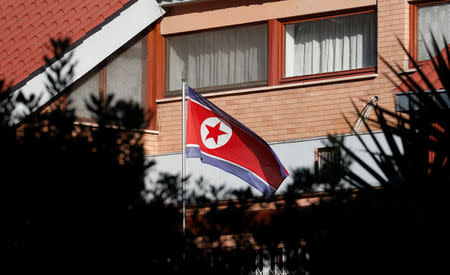 FILE PHOTO: The flag of North Korea flutters in front of its embassy in Rome, Italy, January 3, 2019. REUTERS/Alessandro Bianchi