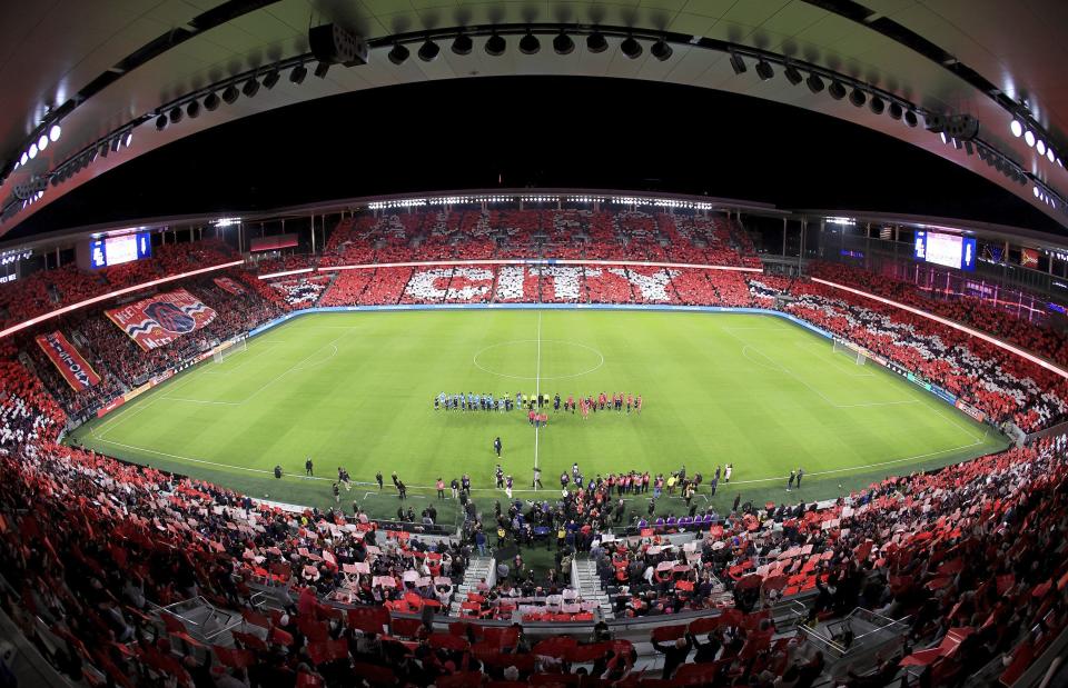 Charlotte FC and St. Louis City SC line up on the field for ceremonies before the first MLS soccer game between Charlotte FC and St. Louis City SC in St. Louis, Saturday, March 4, 2023.(David Carson/St. Louis Post-Dispatch via AP)