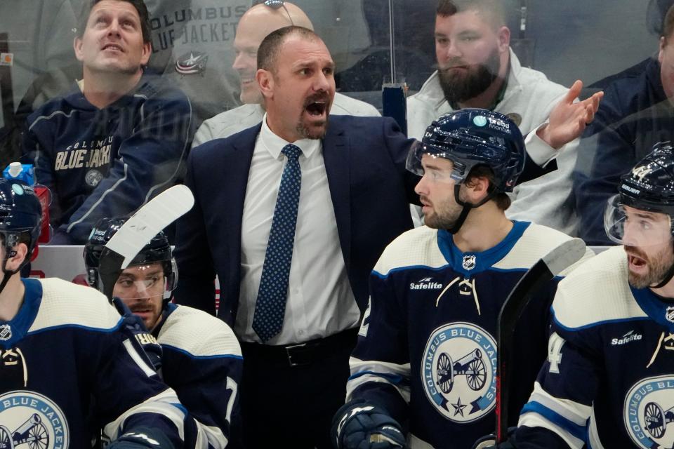 Feb 23, 2023; Columbus, Ohio, USA;  Columbus Blue Jackets head coach Brad Larsen yells during the second period of the NHL hockey game against the Minnesota Wild at Nationwide Arena. Mandatory Credit: Adam Cairns-The Columbus Dispatch