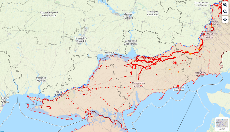 A map of Russian fortifications in Zaporizhzhia and Kherson oblasts, compiled from satellite images by Finnish freelance open source intelligence analysts, the Black Bird Group. (Screenshot)