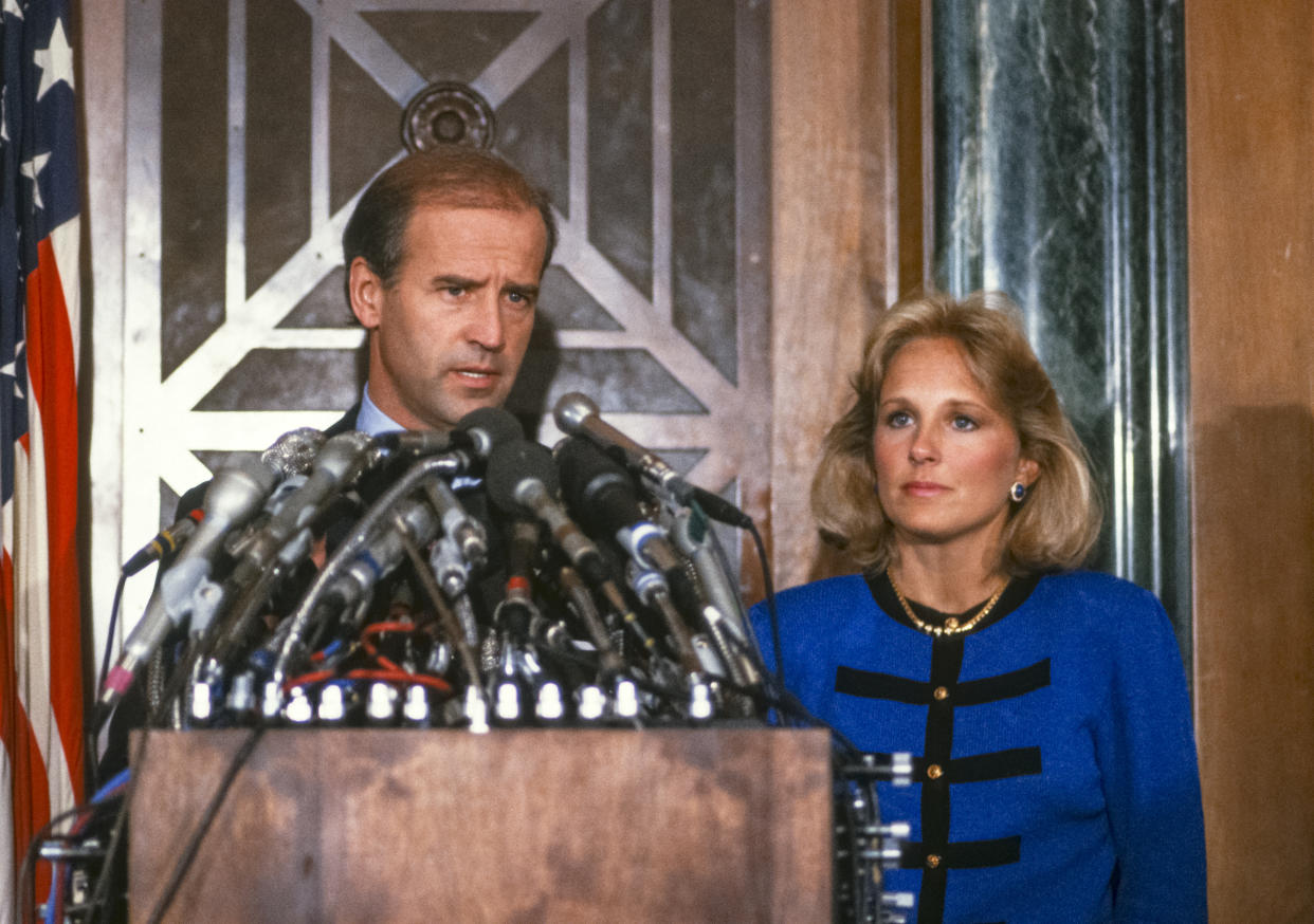 United States Senator Joseph Biden (Democrat of Delaware) announces he is withdrawing from the race for the 1988 Democratic Party nomination for President of the United States in Washington, D.C. on September 23, 1987. (Arnie Sachs/CNP via Getty Images)