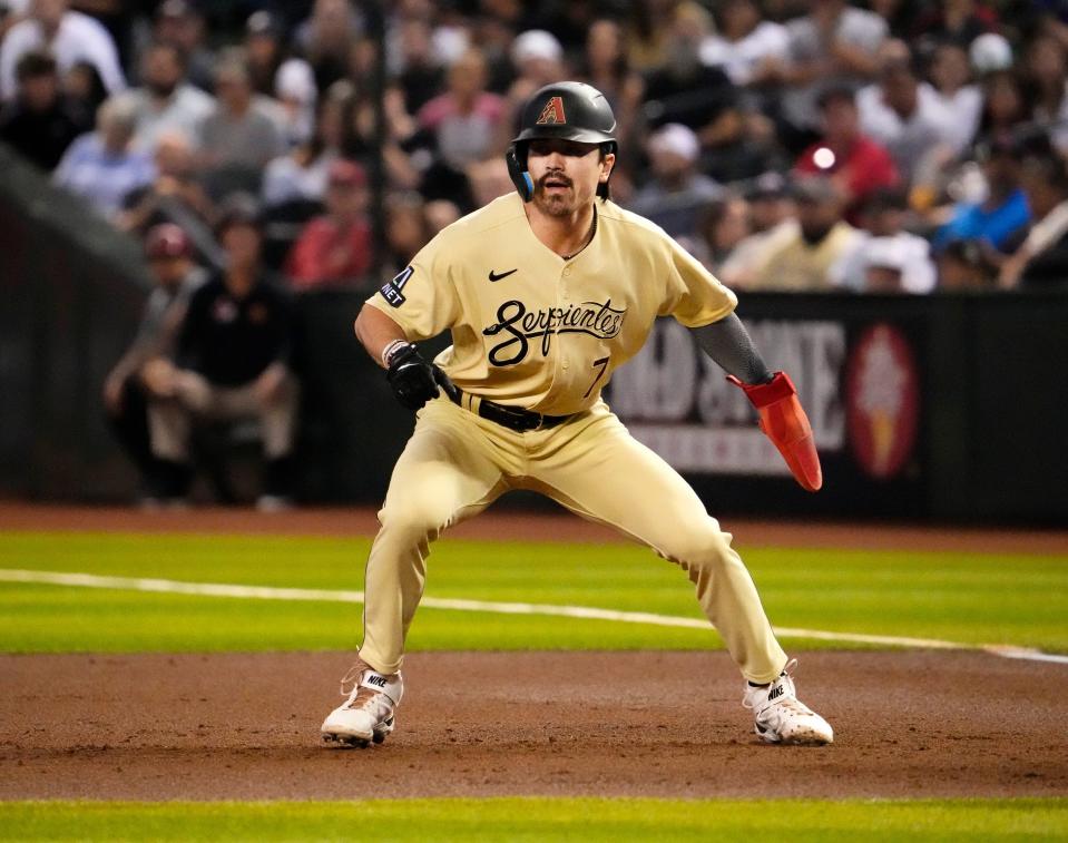 Diamondbacks Corbin Carroll takes a lead off first base against the Astros during the first inning at Chase Field in Phoenix on Sept. 29, 2023.