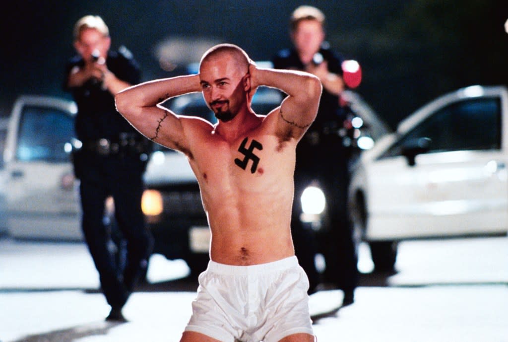 In “American History X,” Ed Norton’s Derek Vinyard commits crimes against black people, while Meeink was convicted of kidnapping and torturing an anti-fascist. But both men began roads to redemption in prison. ©New Line Cinema/Courtesy Everett Collection