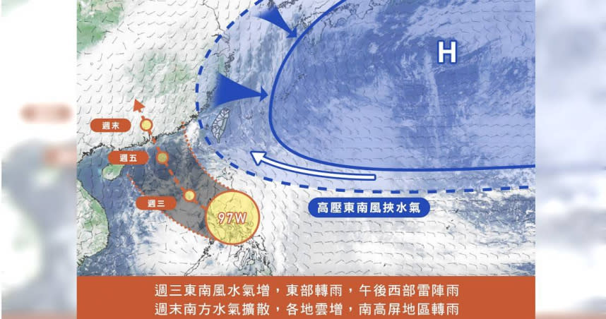 周三起東南部水氣增，民眾要留意天氣變化。（圖／天氣風險臉書專頁）