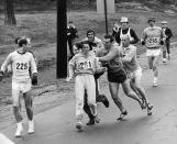 <p>In 1967, Switzer was the first women to run in the Boston Marathon. During the competition, race official Jock Semple attempted to rip her bib off, but she persevered and kept running. In 1972, women were officially allowed to compete in the marathon.</p>