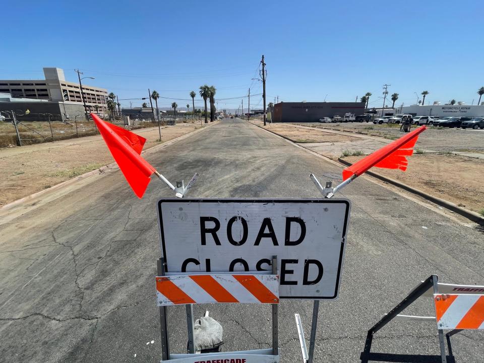 A block of Ninth Avenue, between Washington and Jefferson streets, in Phoenix on May 10, 2023, after it was cleared of residents and debris. The cleanup, the first in "The Zone" that forced residents to move, was completed by midday.